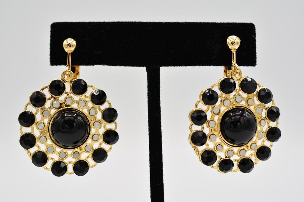 Vintage Clip Earrings Dangle Black Cabochon Gold Tone 1990s BinAI
